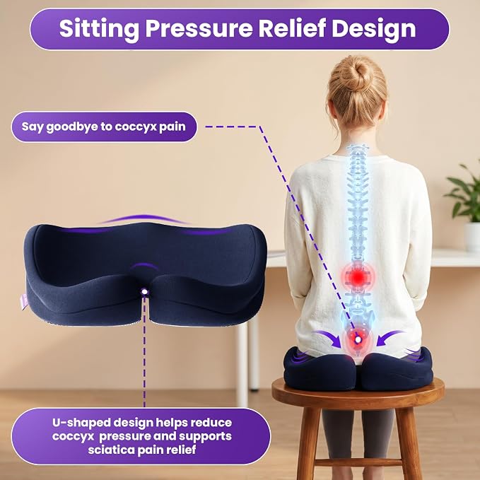 ZZ-WELL Seat Cushions for Office Chairs, Patented Pressure Relief Coccyx Cushion for Tailbone Pain, Memory Foam Butt Pillows for Wheelchair Car Sitting, Carrying Handle, Non-Slip (Navy Blue, Large) - Image 2