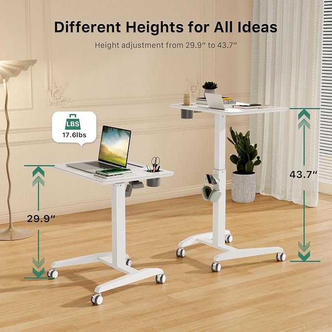 Glass Mobile Rolling Standing Desk on Lockable Wheels, White | 27inch Portable Laptop Workstation Height Adjustable with Cup Holder, Slot, Hook, Pneumatic Rising Cart for Writing, Drawing - Image 4