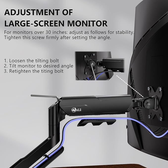 WALI Ultrawide Single Monitor Arm for 17-49 inch Curved Screen, up to 33lbs | Heavy Duty Monitor Desk Mount, Full Motion with Tilt, Swivel, Rotation, C-Clamp/Grommet Base, VESA 75/100mm (GSM001XLN),Black - Image 7