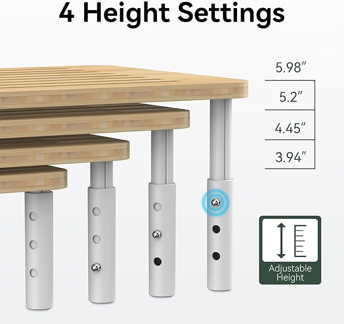 Bamboo Monitor Stand Riser, 4 Adjustable Height,Easy Assembly | Laptop Stand with Airflow Vents, Desk Organizer for Computer, PC, Printer - Image 2