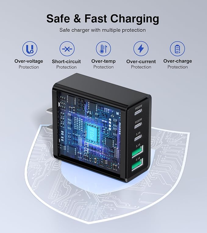 [2-Pack] USB C Wall Charger, 60W Type C Charger Block 5-Port Fast Charging Blocks,3USB C+2USB A Multiport Plug,PD Power Adapter Brick Cube for iPhone 17/16/15/14/13/Pro,iPad,Samsung,for Switch（Black） - Image 4