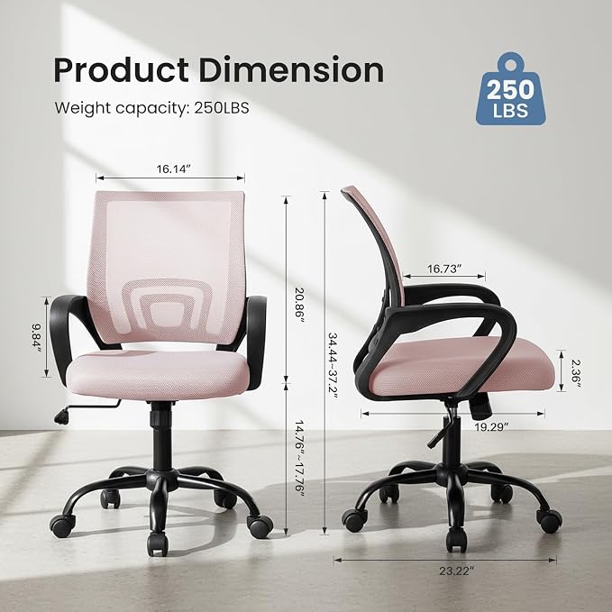 DUMOS Home Office Chair - Ergonomic Mid Back Mesh Desk Chair with Lumbar Support & Rocking Mode, Height Adjustable with Fixed Armrest, for Computer, Gaming, Meeting, Pink, 2 Pack - Image 3