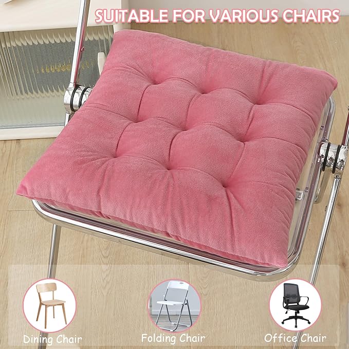 4 Pack Square Seat Cushion Chair Pads for Kitchen Dining Chairs, Soft Comfort Velvet Chair Mat Pillow Cushions with Ties for Office Desk Living Room Tatami 15.5", Pink - Image 5
