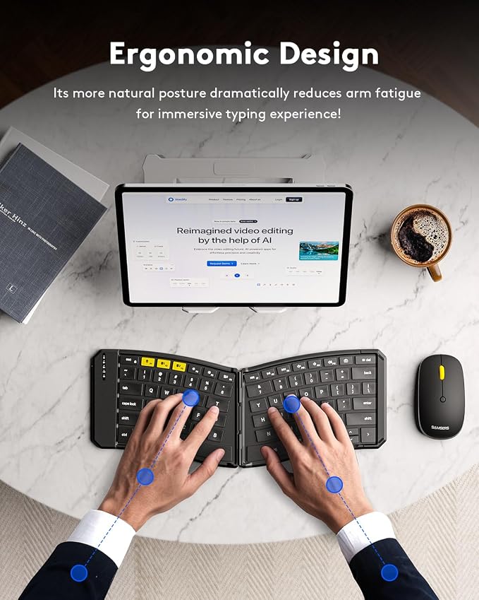 Samsers Ergonomic Split Foldable Keyboard and Mouse for Travel and Business | PU Leather Cover, Split Design, 6-Row Layout, 3 Devices Switching, 2.4G + BT5.0 x2, Quiet Mouse, Hard Case, USB-C Charging - Image 8