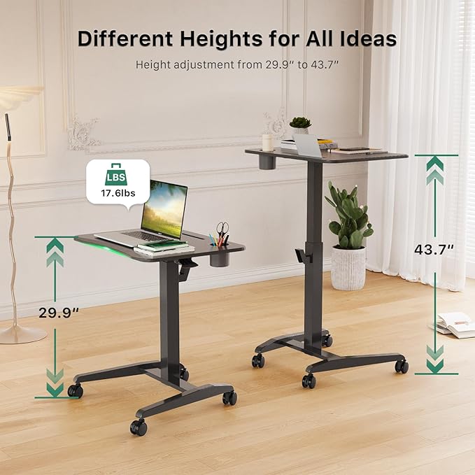 27" Mobile Rolling Standing Desk with Lockable Wheels, Black | Small Laptop Cart Height Adjustable with Cup Holder, Slot, Hook, Portable Pneumatic Teacher Rising Workstation for Classroom - Image 3