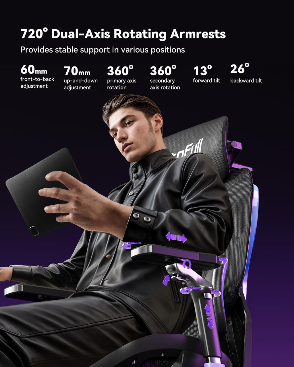 AutoFull G7 Gaming Chair - 3-Zone Lumbar, 22-Point Adjustment, Breathable Mesh, Custom Backplate, 720° Armrests, BIFMA Certified Ergonomic, 140° Recline, IGR Certified, Niko Endorsed - Purple&RGB - Image 6
