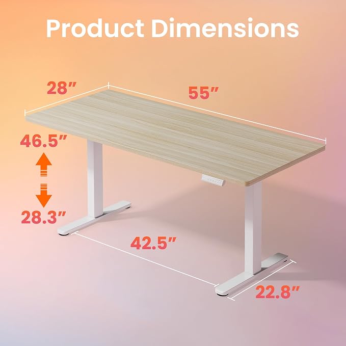 HUANUO 55x28 Inch Electric Standing Desk, Height Adjustable, Light Walnut | 176 Lbs Capacity, Smooth Home Office Desk, 4 Memory Presets & Headphone Hooks, 28.3–46.5 Inch Height Range, Easy to assemble - Image 3