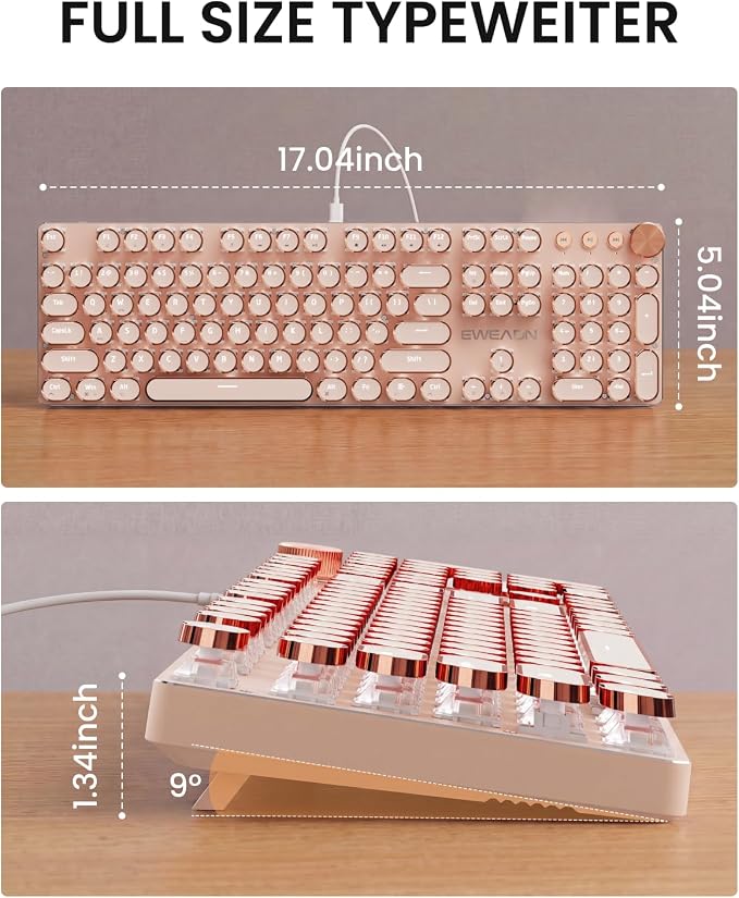 EWEADN Wired Typewriter Mechanical Keyboard, Low Noise Pink Switch Retro Punk Keyboard with Media Knob, White Backlit, Metal Panel, 104-Key Round Keycaps Cute Keyboard for Windows PC- Rose Gold - Image 9