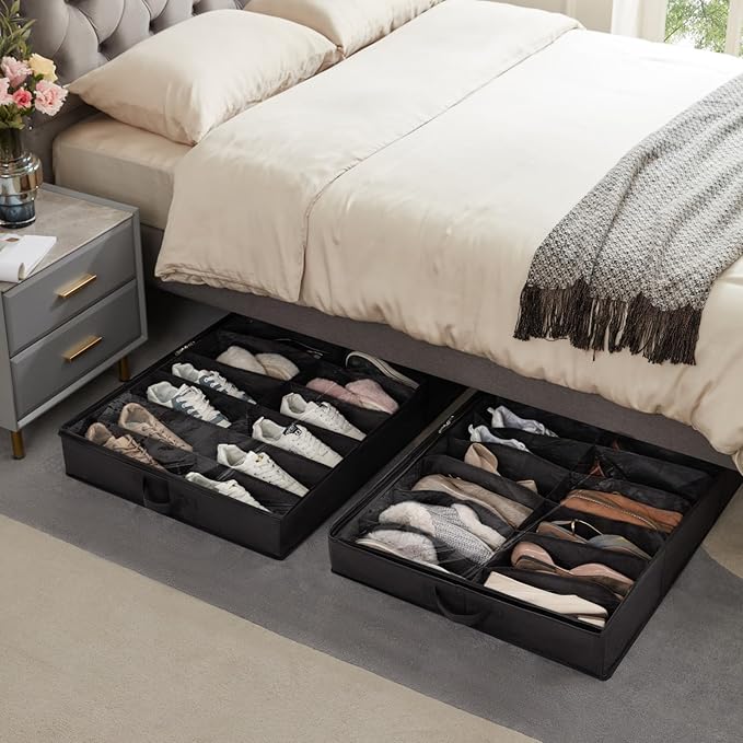 Lifewit Under Bed Shoe Storage Organizer 2 Pack(16 Shoes Cells), 4.3 Inches Profile Fabric Shoes Container Box with Clear Cover, Foldable Storage Bag with 2 Handles, Fits 16 to 32 Pairs - Image 9