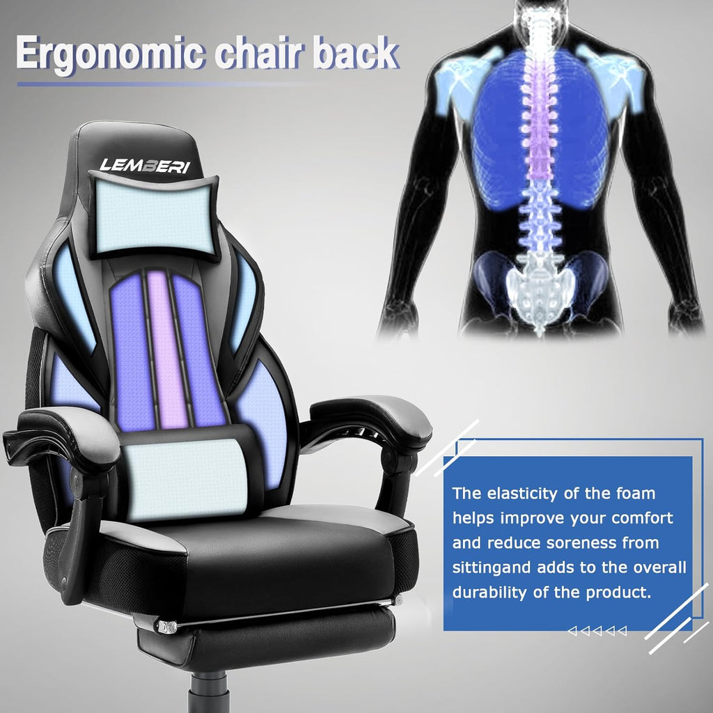 Ergonomic Gaming Chair with Footrest, 400lb Weight Capacity, Gray - Image 5