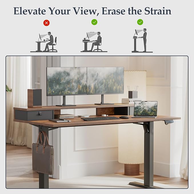 Klicelor 63 x24 Inch Electric Standing Desk with Drawers, Adjustable Height Small Sit Stand Desk for Home Office, Compact Computer Workstation with Storage– Rustic Brown - Image 6