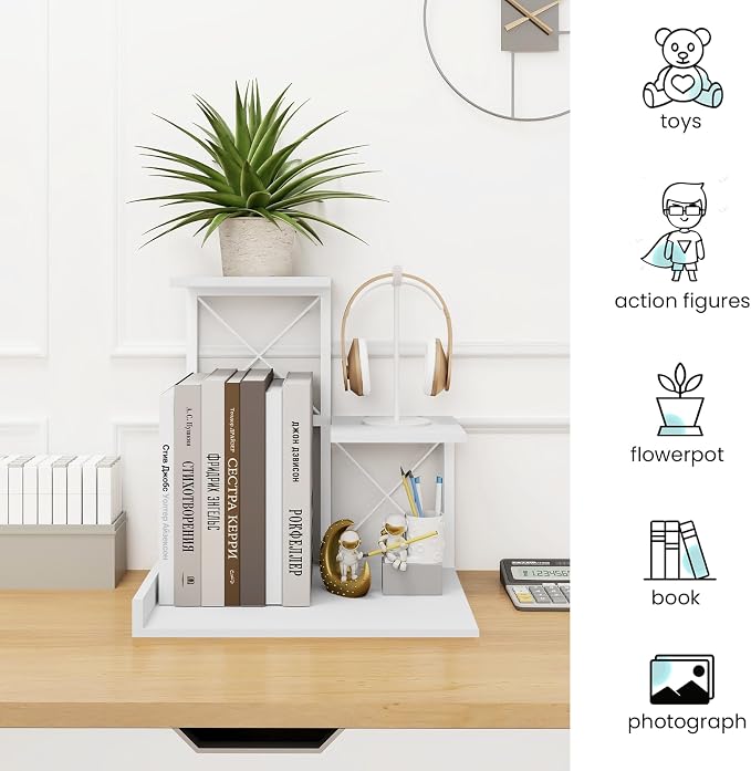 ELITEROO Desk Shelf, Wood Small Bookshelf Desktop Shelves and Organizer, Freestanding 3 Tier Storage Display Stand Home Office Decor for Books Plants Toys, White - Image 7