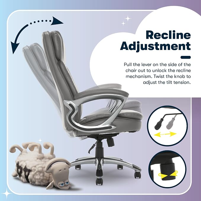 Serta Ergonomic Big and Tall Executive Office Chair Lumbar Support, Leather | Fairbanks, Gaming Chair with Headrest, 350lb Capacity, Padded Arms, Semi-Plush Seat Cushion, Adjustable Height and Tilt, Gray - Image 8