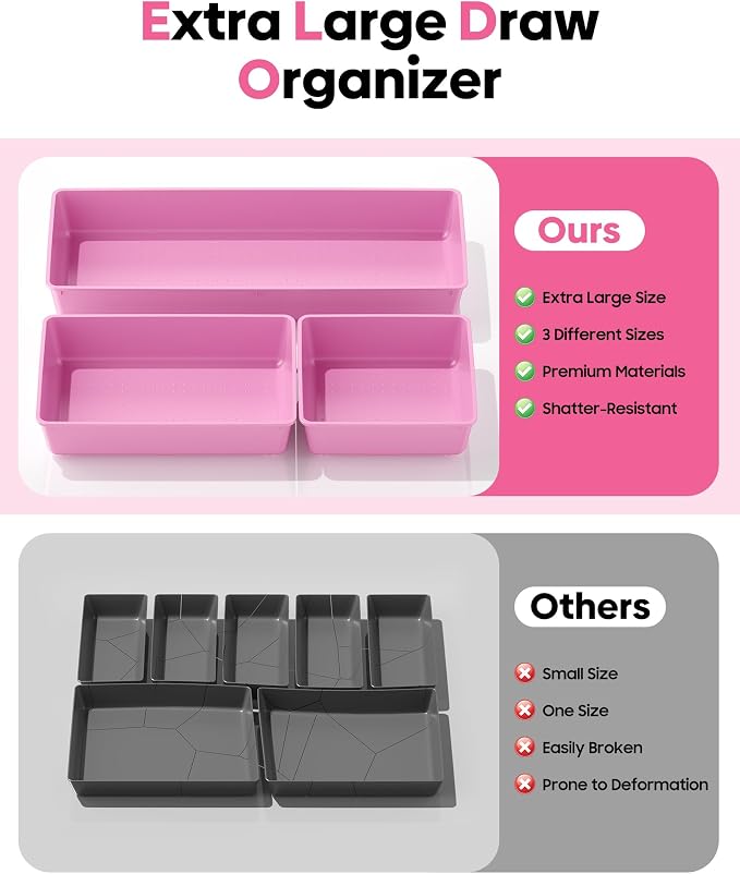 10 Pack Large Size Plastic Drawer Organizers Set, 3 Sizes Desk Drawer Organizer Trays, Storage Bins for Vanity, Makeup, Bathroom, Kitchen Utensils and Office (Pink) - Image 3
