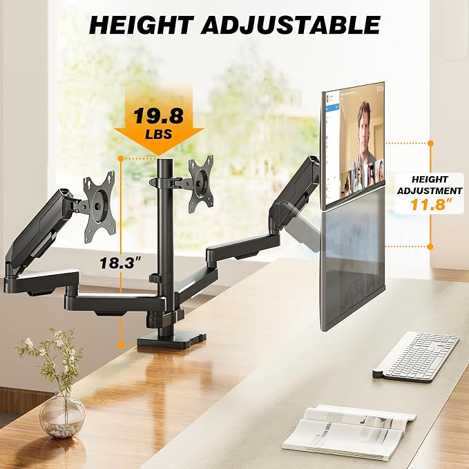 Triple Monitor Stand & Monitor Arm Desk Mount up to 32 Inches | Fully Adjustable Heavy Duty Monitor Mount for 3 Screens, Ergonomic VESA Mount with C-Clamp/Grommet Base, Cable Management - Image 8