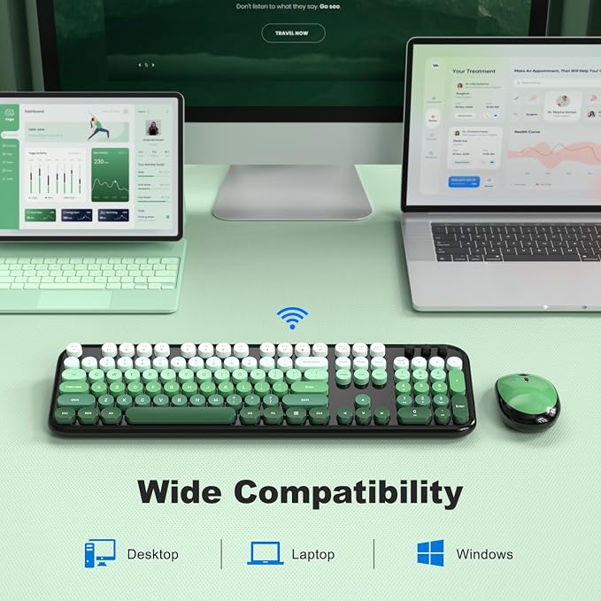 MOFII Wireless Keyboard and Mouse Combo,2.4G Typewriter Keyboard Quiet Mice | Retro Full Size Computer Keyboards,Cute Mouse, USB Dongle Plug and Play, for PC,Laptop,Desktop,Windows (Black Green Gradient) - Image 5