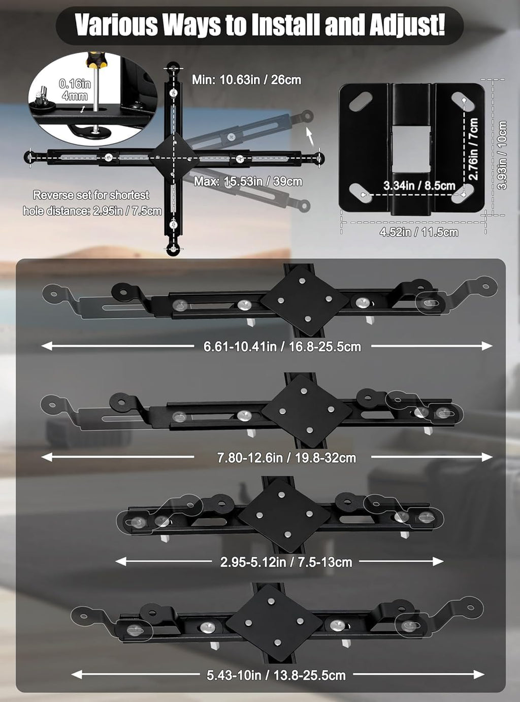 2-Be-Best Projector Ceiling Mount Wide Pipe Universal 3-in-1 Projector Wall Mount Bracket with Adjustable Arm, Flush Mount Option, Built-in Cable Management for Office Home Black - Image 5