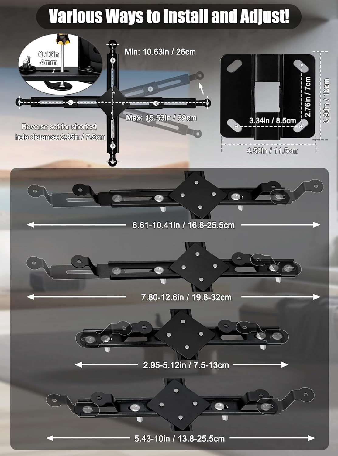 2-Be-Best Projector Ceiling Mount Wide Pipe Universal 3-in-1 Projector Wall Mount Bracket with Adjustable Arm, Flush Mount Option, Built-in Cable Management for Office Home Black - Image 5