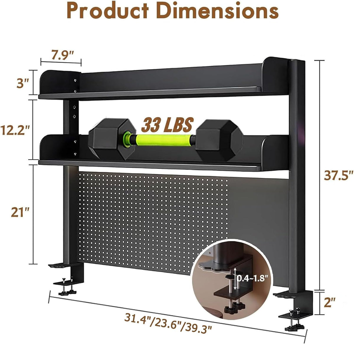 Clamp On Desk Pegboard Shelf - Metal Desktop Organizer Hutch with 2 Shelves - Image 3