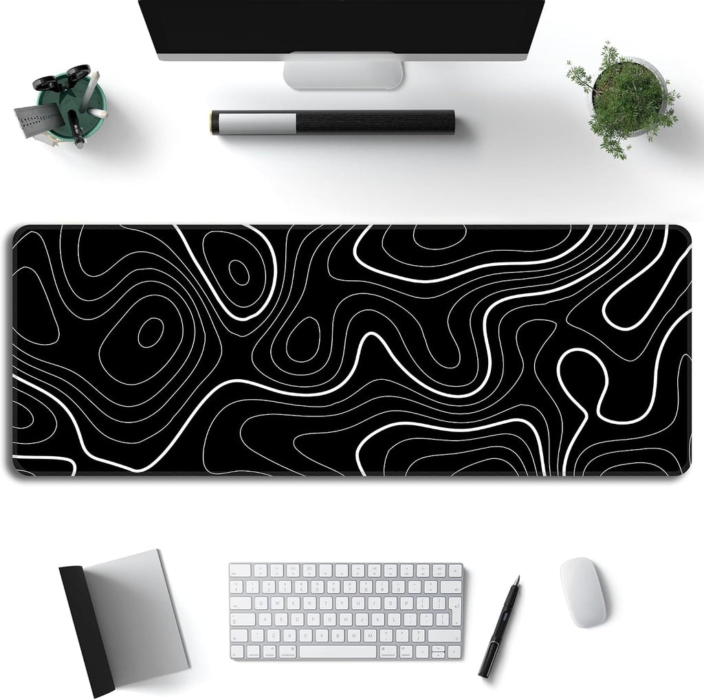 Black Topographic Map Mouse Pad,XL 31.5"x11.8" Big Gaming Mousepad,Minimalist Lines Large Extended Mouse Mat,Non-Slip Rubber Base Waterproof with Stitched Edges for Gaming Office Home - Image 2