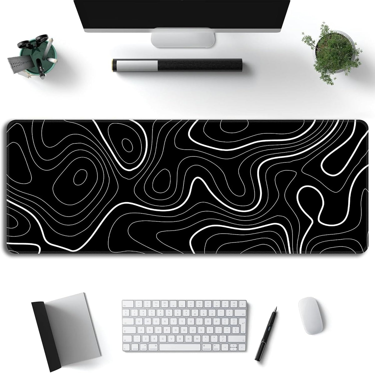 Black Topographic Map Mouse Pad,XL 31.5"x11.8" Big Gaming Mousepad,Minimalist Lines Large Extended Mouse Mat,Non-Slip Rubber Base Waterproof with Stitched Edges for Gaming Office Home - Image 2