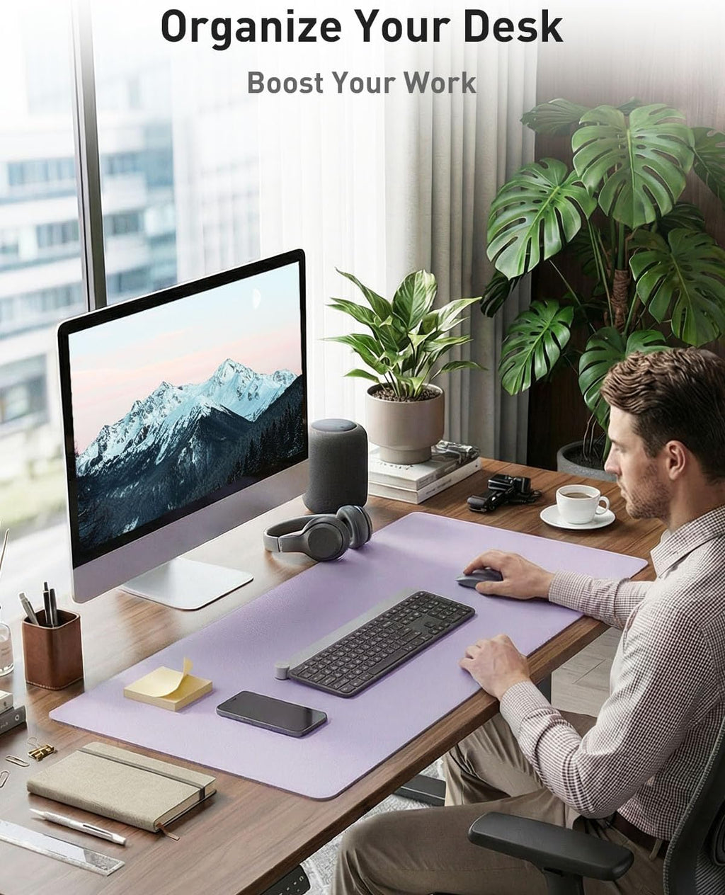 Aothia Faux Leather Desk Mat - Non-Slip PU Leather Desk Blotter, Waterproof Writing Surface, Large Desk Pad for Office & Home (Lavender, 55" x 24") - Image 3