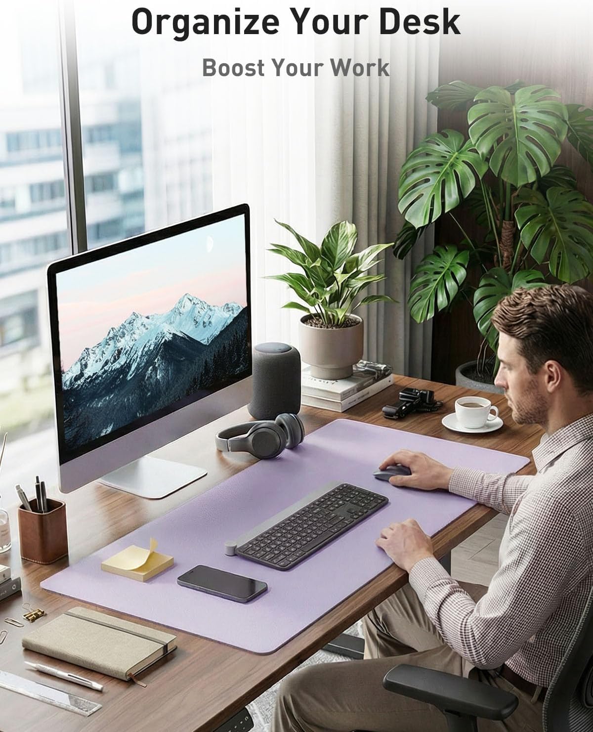 Aothia Faux Leather Desk Mat - Non-Slip PU Leather Desk Blotter, Waterproof Writing Surface, Large Desk Pad for Office & Home (Lavender, 55" x 24") - Image 3