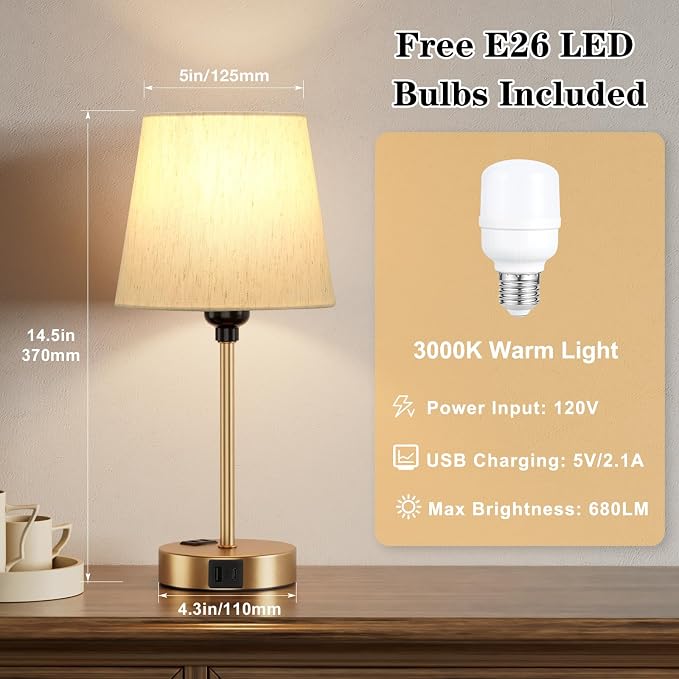 Gold Bedside Lamps Set 2 for Bedroom - Dimmable Touch, USB C+A, AC Outlet | 14.5" Mini Lamp, 3-Way Dimmable, LED Bulbs Included, Cream Barrel Fabric Lampshade, Nightstand Light for Guest Room, Kids - Image 4