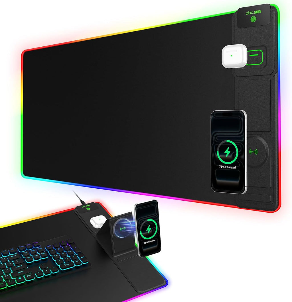 RGB Gaming Mouse Pad with Magnetic Wireless Charging & Foldable Phone Stand by abc.mat