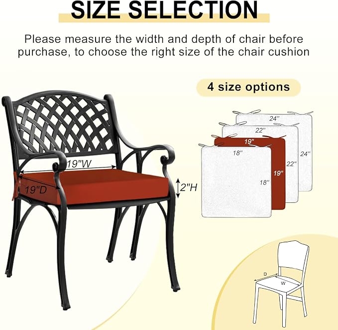 downluxe Waterproof Outdoor Chair Cushions for Patio Furniture, 19" x 19" x 2" Patio Chair Cushion with Adjustable Ties & Portable Handle, Square Outdoor Cushion with Removable Cover, Orange, 2 Pack - Image 3