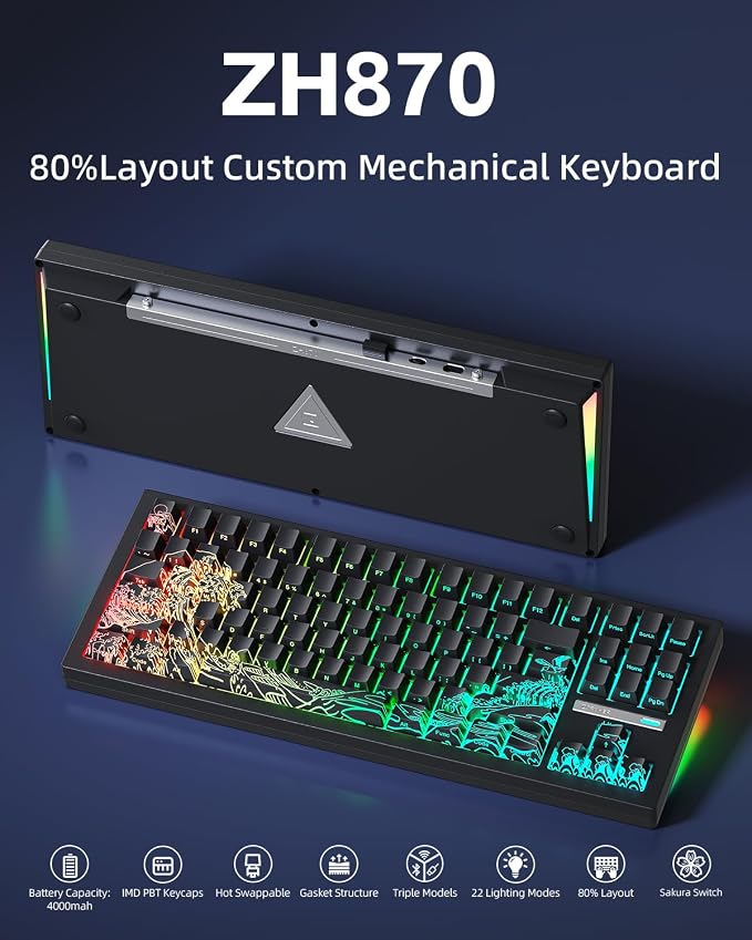 ZORNHER ZH870 Wireless Gaming Mechanical Keyboard,80% Black Custom Creamy Sound Keyboard with Shine Though Wave of Kanagawa Kanagawa Keycaps,Creamy Sounding Linear Switches,Hot-Swappable,RGB Backlit - Image 2