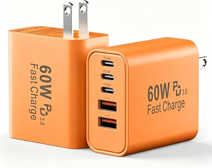 USB C Fast Charger Block, 60W Phone USB C Wall Charging Blocks, Type C Charger Fast Charging Brick, 5Port Multiport Charger Plug Power Adapter for Phone 17/16/15/14/13 Pro Max, Pad, S25 -Cosmic Orange by Duloch