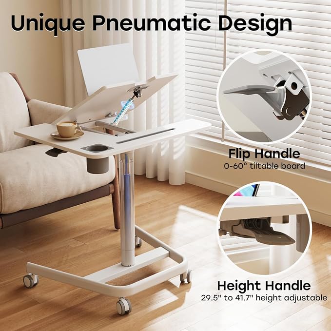 JOY worker Mobile Standing Desk, 60° Tiltable Rolling Laptop Desk, White | Pneumatic Height Adjustable Cart, Portable Sit Stand Desk with Wheels & Cup Holder for Office Home School, Holds Up to 22lbs - Image 5