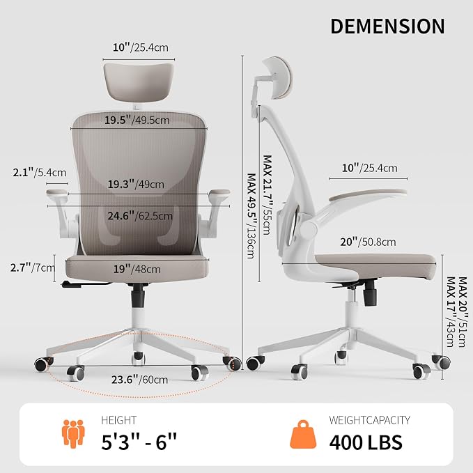Office Chair Ergonomic Desk Chair with Lumbar Support&Headrest&Flip-up Arms Height Adjustable Rocking Swivel High Computer Chair Multi-Angle from 90° to 125° with 350LBS Capacity(White+Khaki-2) - Image 2
