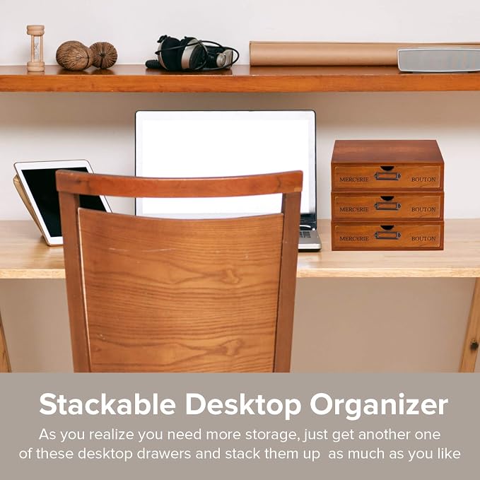 Wooden Single Drawer Unit - Solid Wood Monitor Stand for Desktop Organization and Storage - Stackable Desk Organizer - Rustic Nightstand With Label Holder - Countertop Organizer - Image 5