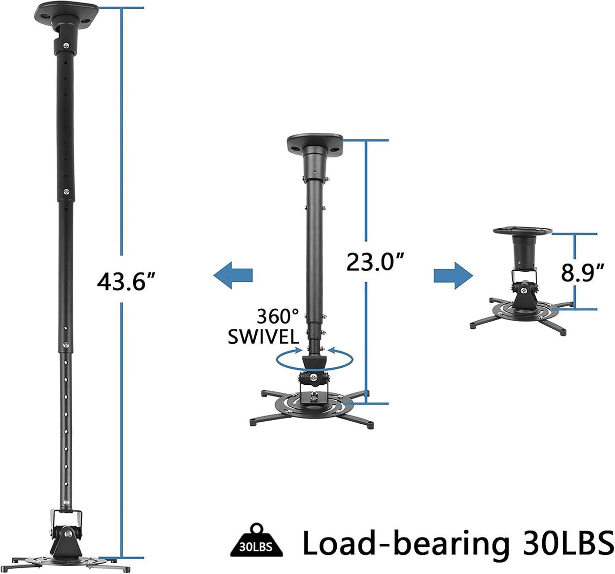 Full Motion Universal Ceiling Projector Mount Bracket with Adjustable Height and Extendable Arms Rotating Swivel Mount for Home and Office Projector (Black) - Image 4