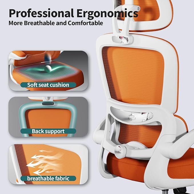 TRALT Office Chair Ergonomic Desk Chair - Gaming Chair with Lumbar Support | 330 LBS Home Office Desk Chairs with Headrest, Reading Chair with Flip-up Armrests, Comfortable Computer Chairs (1, Orange) - Image 3
