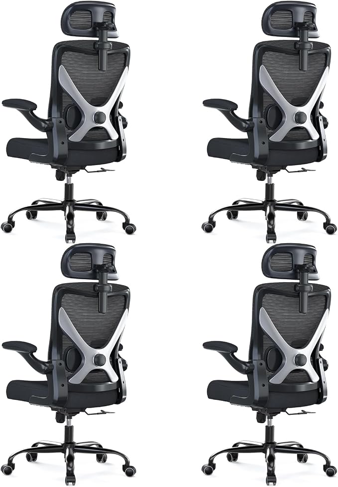 Ergonomic Office Chair: Mesh Desk Chair Comfy with Headrest& Lumbar Support | Ergalithic Big and Tall Office Chairs with Wheels & Flip-Up Arms-Computer Gaming Chairs for Adults (Black-Pack of 4) by Ergalithic