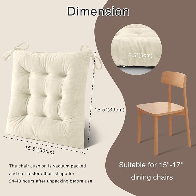 OVOV 2 Pack Chair Cushions for Dining Chairs 15.5"x15.5" Cream | Soft-Touch Velvet Fabric for Farmhouse Decor, Fit for Kitchen Dining Office Chairs, Upgrade Chair Comfort, with Durable Ties - Image 2
