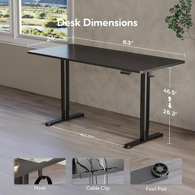 Claiks Electric Height Adjustable Standing Desk, 63x24 Inch, Black | Smooth Height Adjustment, 3 Memory Presets, Cable management hub & hook, Stable Steel Frame, 156 lbs Capacity, Easy Assembly - Image 3
