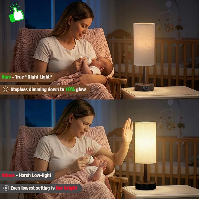 Brown Touch Bedside Lamp for Bedroom, Stepless Dimmable, USB A+C, AC Outlet | Base Touch Button Only, Memory Brightness, Ultra-dim Night Light, Included Bulb for Optimal Dimming, Beige Fabric Shade, Desk - Image 5
