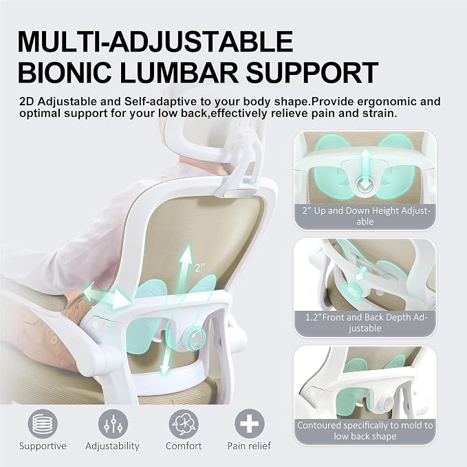 Ergonomic Office Chair,Ultra Thick Spring Cushion Desk Chair,Khaki | Adjustable Lumbar Support and Headrest,Flip-up Arms,Rocking Function,Mesh Home Office Computer Chair - Image 4