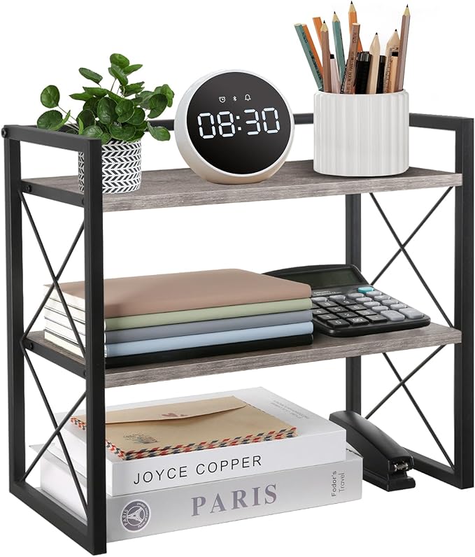 YINMIT Desktop Shelf Organizer, 2 Tier Office Shelves, Wood Desk Organizer Storage Rack and Freestanding Display Shelf for Office, Dormitory, Home (Grey) by YINMIT