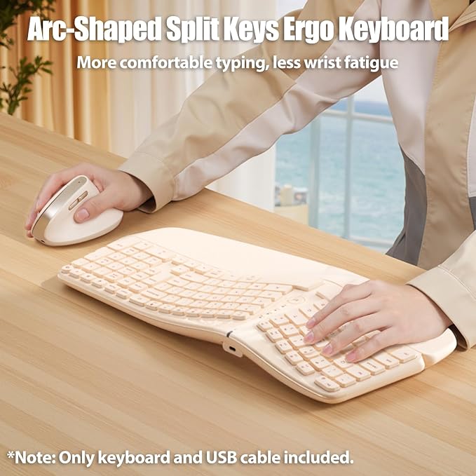 Split Ergonomic Keyboard Wireless with Cushioned Wrist & Palm Rest | Wireless 2.4G/Bluetooth/Wired USB-C, Comfortable Natural Typing, Compatible with Windows/Mac/PC/Laptop, Milk Tea - Image 2