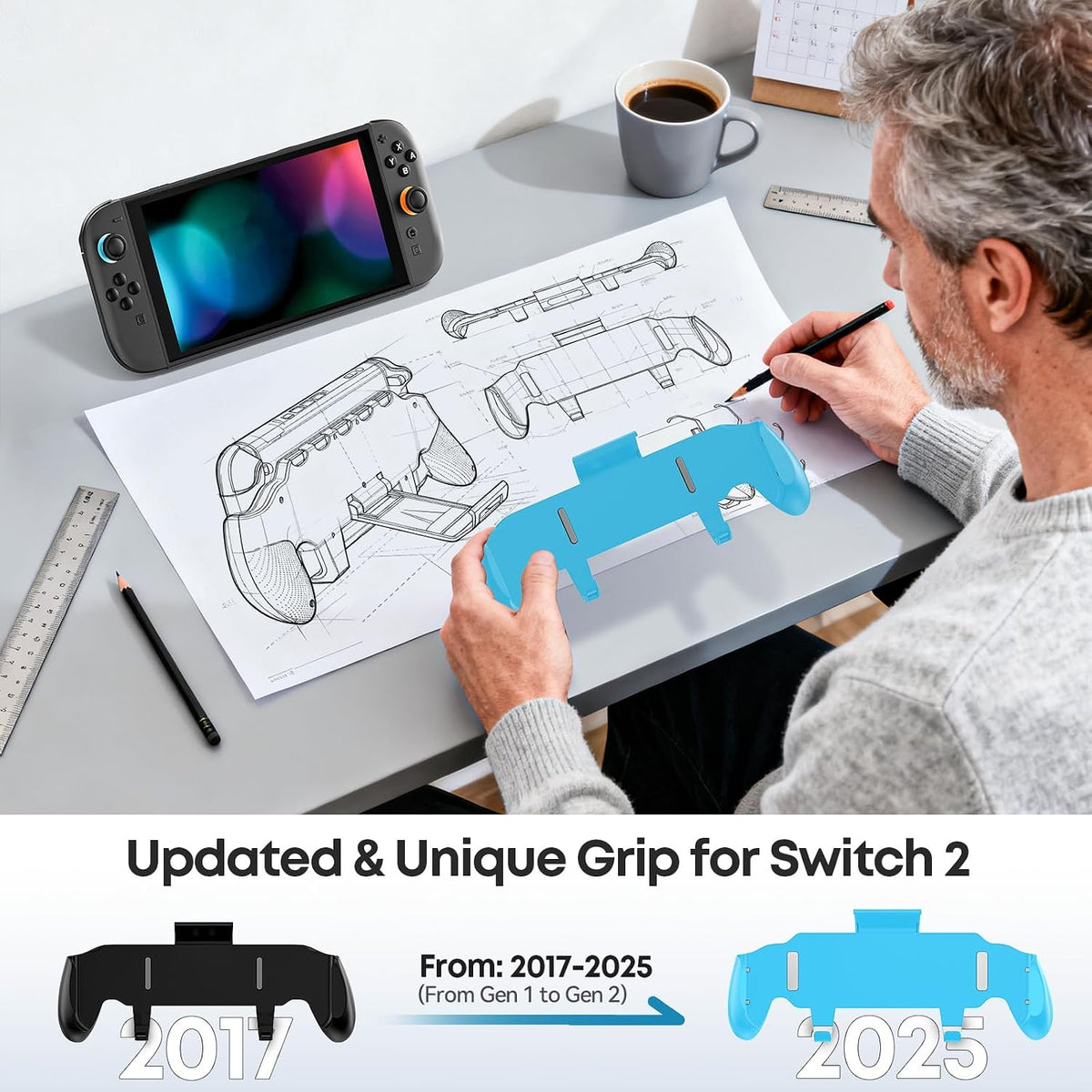 OIVO Grip Compatible with Nintendo Switch 2, Switch 2 Ergonomic Grip Case with Adjustable Stand, Comfort Game Accessories with 5 Game Card Slots and 4 Thumb Caps, Blue - Image 5