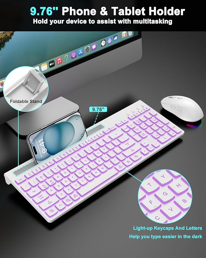 Wireless Keyboard and Mouse Combo, 7 Backlit Effects, Light Up Letters, Rechargeable, Phone Holder, 6 Button Mouse, Ergonomic Tilt Angle, 2.4GHz Silent USB Keyboard Mouse for Laptop, PC - Image 4