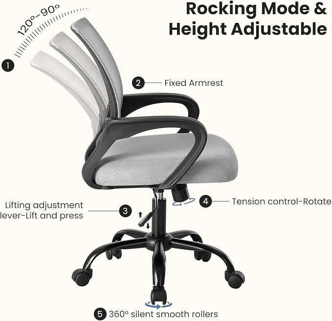 DUMOS Ergonomic Office Chair, Executive Desk Chair with Lumbar Support | Mid Back, Breathable Backrest, Fixed Armrest, Height Adjustable, 360° Swivel, Computer Gaming, Meeting, Grey - Image 4