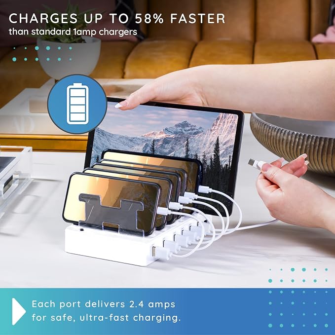 Fast Charging Station for Multiple Devices, 6-Port USB Charging Dock White | Smart IC Technology for Safe Charging, Organized storage, Works with Apple iPhone 14 and earlier & iPads, for home, office - Image 4