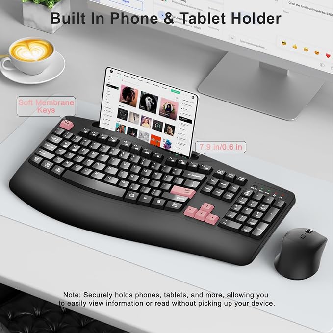 Wireless Keyboard and Mouse Combo, Full Size Ergonomic Wave Keys(Pink-B) | 2.4G Ergonomic Keyboard with Wrist Rest, Phone Holder, 3-Level DPI Silent Mouse with 6-Buttons, for Windows/Mac OS/Laptop/PC - Image 3