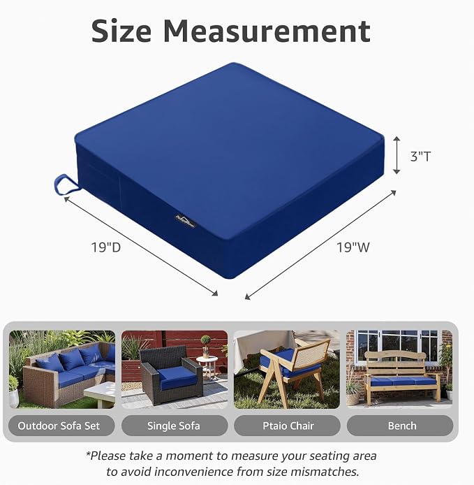PatioGlow Outdoor Chair Cushions 19 x 19 x 3 Inch, Waterproof & Fade Resistant Patio Seat Cushion for Furniture with Handle and Ties, Thick Seating Pads for Outside Sofa Couch Set of 2, Blue - Image 2